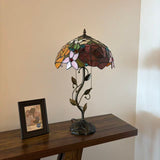 Tiffany Style Table Lamp Stained Glass Red Orange Rose Flowers LED Bulbs Included 24"H*14"W*14"D
