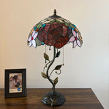 Tiffany Style Table Lamp Stained Glass Red Orange Rose Flowers LED Bulbs Included 24"H*14"W*14"D