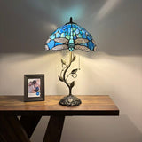 Tiffany Style Table Lamp Blue Stained Glass Dragonfly LED Bulbs Included 24"H*14"W*14"D