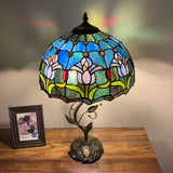 Tiffany Style Table Lamp Blue Stained Glass Purple Tulips LED Bulbs Included 24"H*14"W*14"D
