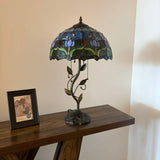 Tiffany Style Table Lamp Blue Stained Glass Purple Tulips LED Bulbs Included 24"H*14"W*14"D