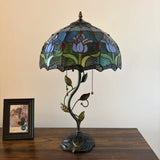 Tiffany Style Table Lamp Blue Stained Glass Purple Tulips LED Bulbs Included 24"H*14"W*14"D