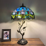 Tiffany Style Table Lamp Blue Stained Glass Purple Tulips LED Bulbs Included 24"H*14"W*14"D