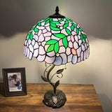 Tiffany Style Table Lamp Purple Stained Glass Green Leaves LED Bulbs Included 24"H*14"W*14"D