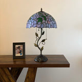 Tiffany Style Table Lamp Purple Stained Glass Green Leaves LED Bulbs Included 24"H*14"W*14"D