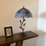 Tiffany Style Table Lamp Purple Stained Glass Green Leaves LED Bulbs Included 24"H*14"W*14"D