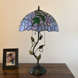 Tiffany Style Table Lamp Purple Stained Glass Green Leaves LED Bulbs Included 24"H*14"W*14"D