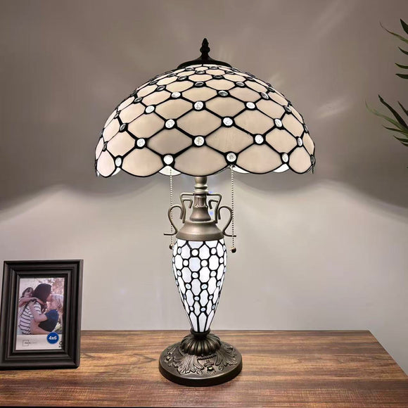 Tiffany Style Table Lamp White Stained Glass Crystal Beans Included LED Bulbs 24