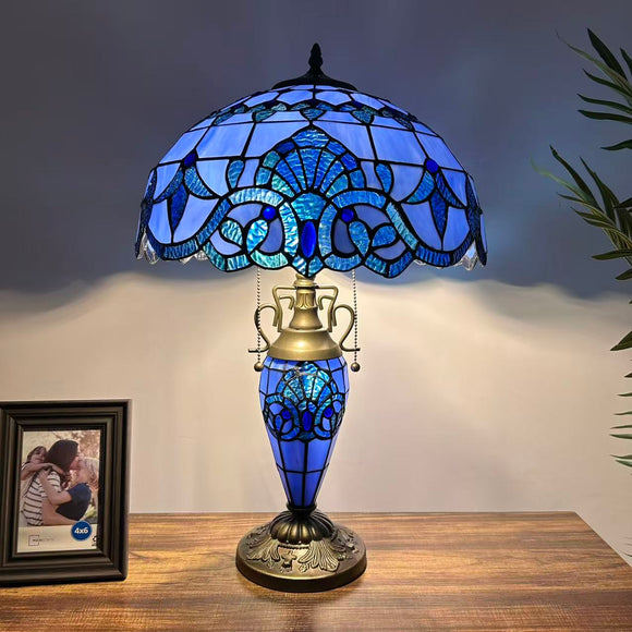 Tiffany Style Table Lamp Blue Stained Glass Baroque Style Included LED Bulbs 16