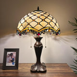 Tiffany Style Table Lamp Beige Stained Glass Crystal Bean 16"W*16"D*24"H