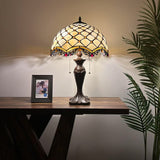 Tiffany Style Table Lamp Beige Stained Glass Crystal Bean 16"W*16"D*24"H