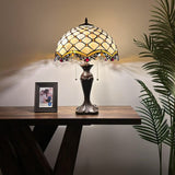 Tiffany Style Table Lamp Beige Stained Glass Crystal Bean 16"W*16"D*24"H