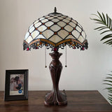 Tiffany Style Table Lamp Beige Stained Glass Crystal Bean 16"W*16"D*24"H