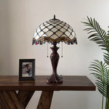 Tiffany Style Table Lamp Beige Stained Glass Crystal Bean 16"W*16"D*24"H