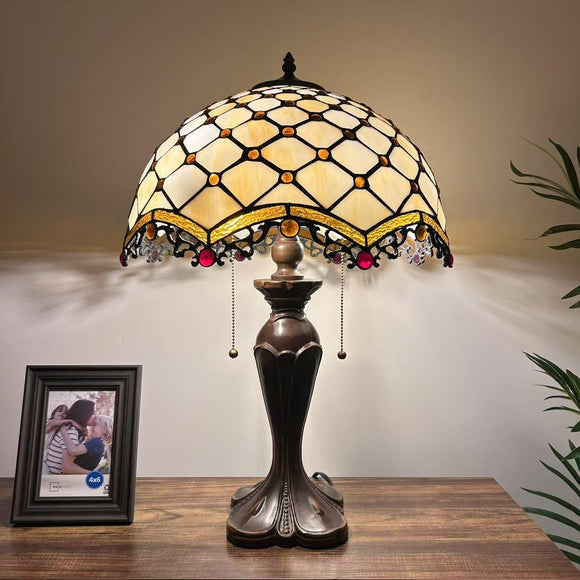Tiffany Style Table Lamp Beige Stained Glass Crystal Bean 16