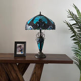 Tiffany Style Table Lamp Green Stained Glass Included LED Bulbs Mother-Daughter Vase Vintage for Living Room Dining Room Bedroom Bedside Office Hotel H24*W16 in…