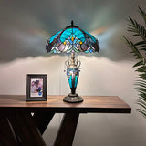 Tiffany Style Table Lamp Green Stained Glass Included LED Bulbs Mother-Daughter Vase Vintage for Living Room Dining Room Bedroom Bedside Office Hotel H24*W16 in…