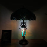 Tiffany Style Table Lamp Green Stained Glass Included LED Bulbs Mother-Daughter Vase Vintage for Living Room Dining Room Bedroom Bedside Office Hotel H24*W16 in…