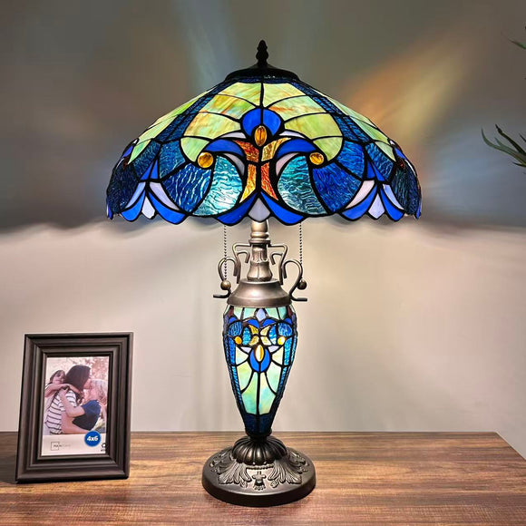 Tiffany Style Table Lamp Green Blue Stained Glass Included LED Bulbs 24