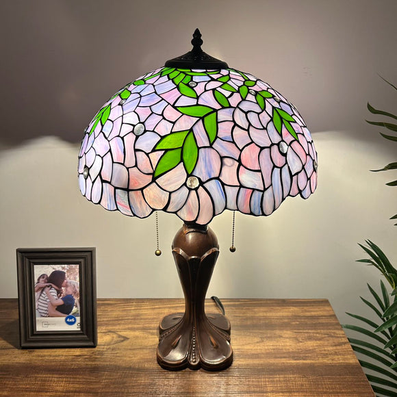 Tiffany Style Table Lamp Purple Stained Glass Green Leaves 16