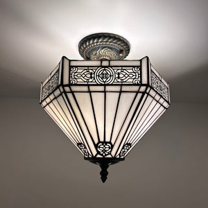 Tiffany Style Ceiling Lights Fixt White Stained Glass Hexagon 12"W*12"D*12"H