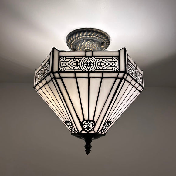 Tiffany Style Ceiling Lights Fixt White Stained Glass Hexagon 12