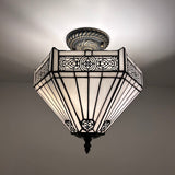 Tiffany Style Ceiling Lights Fixt White Stained Glass Hexagon 12"W*12"D*12"H