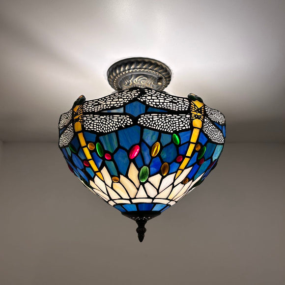 Tiffany Style Ceiling Lamp Blue Stained Glass Dragonfly LED Bulbs 12”W*12”D*12”H