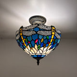 Tiffany Style Ceiling Lamp Blue Stained Glass Dragonfly LED Bulbs 12”W*12”D*12”H