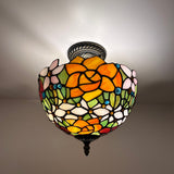 Tiffany Style Ceiling Light Fixtures Stained Glass Rose Flowers LED Bulbs 12”W*12”D*12”H