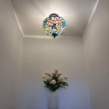 Tiffany Style Ceiling Lamp Blue Stained Hummingbird Flowers 12"W*12"D*12"H