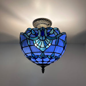 Tiffany Style Ceiling Lamp Blue Stained Glass Baroque Style 12"W*12"D*12"H