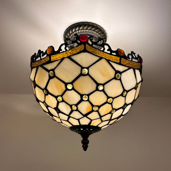 Tiffany Style Ceiling Lamp Beige Stained Glass Crystal Beans 12