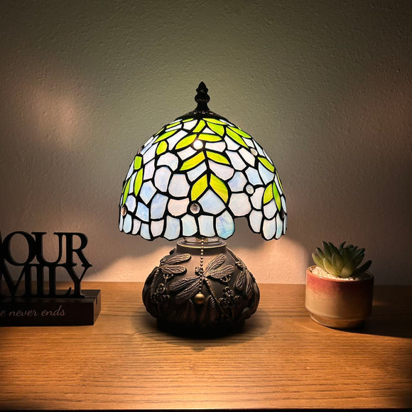 Tiffany Style Mini Table Lamp Blue Stained Glass Green Leaves 8