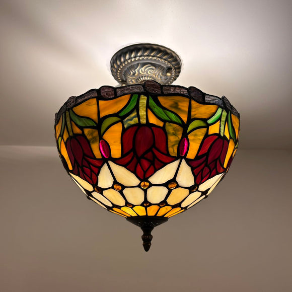 Tiffany Style Ceiling Lamp Stained Glass Red Tulips 12