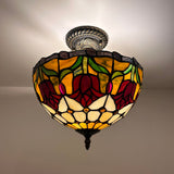 Tiffany Style Ceiling Lamp Stained Glass Red Tulips 12"W*12"D*12"H