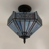 Tiffany Style Ceiling Lights Fixt Sky Color Stained Glass Hexagon 12"W*12"D*12"H