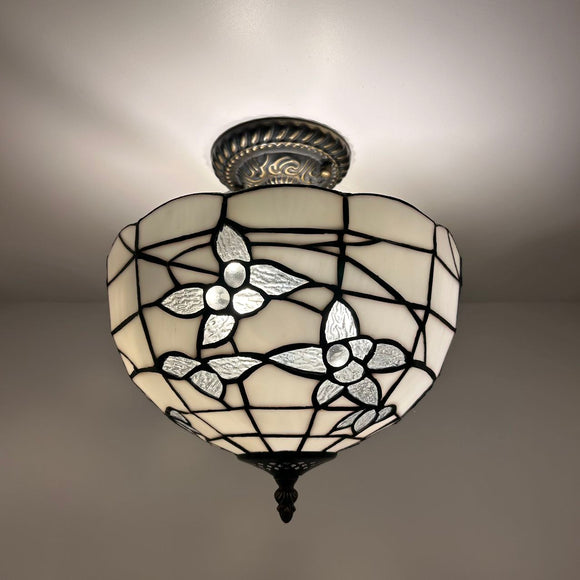 Tiffany Style Ceiling Lamp White Stained Glass Flowers 12