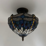 Tiffany Style Ceiling Lamp Blue Stained Glass Dragonfly LED Bulbs 12”W*12”D*12”H