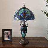 Tiffany Style Table Lamp Blue Green Stained Glass Included LED Bulbs 12"W*12"D*22"H