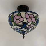 Tiffany Style Ceiling Lamp Blue Stained Hummingbird Flowers 12"W*12"D*12"H