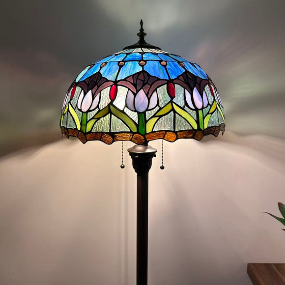 Tiffany Style Floor Lamp Tulips Blue Stained Glass 16
