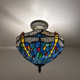 Tiffany Style Ceiling Lamp Blue Stained Glass Dragonfly LED Bulbs 12”W*12”D*12”H