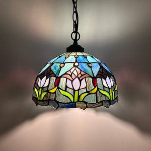 Tiffany Style Chandeliers Blue Stained Glass Pendant Lights Purple Tulips EP1255