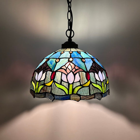 Tiffany Style Chandeliers Blue Stained Glass Pendant Lights Purple Tulips EP1255