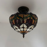 Tiffany Style Ceiling Lamp Stained Glass Red Tulips 12"W*12"D*12"H