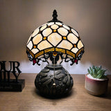 Tiffany Style Mini Table Lamp Beige Stained Glass Crystal Beans 8"W*8"D*12"H