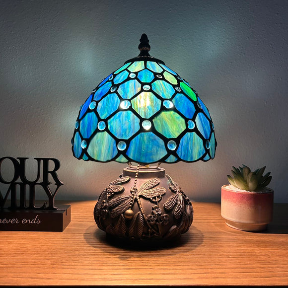 Tiffany Style Mini Table Lamp Blue Stained Glass Crystal Beans 8