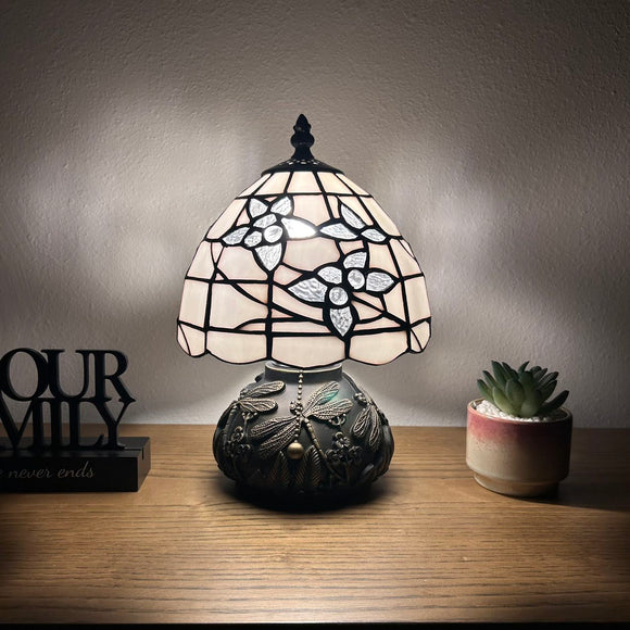 Tiffany Style Mini Table Lamp White Stained Glass Flowers 8