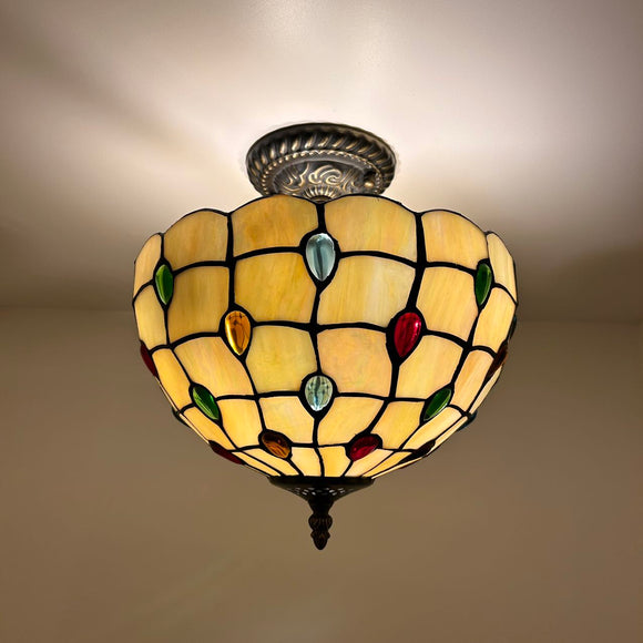Tiffany Style Ceiling Lights Fixt Gold Stained Glass Crystal Beans 12